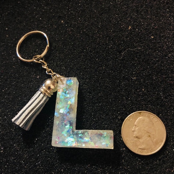 Iridescent Blue Resin Letter L Keychain - Picture 2 of 2